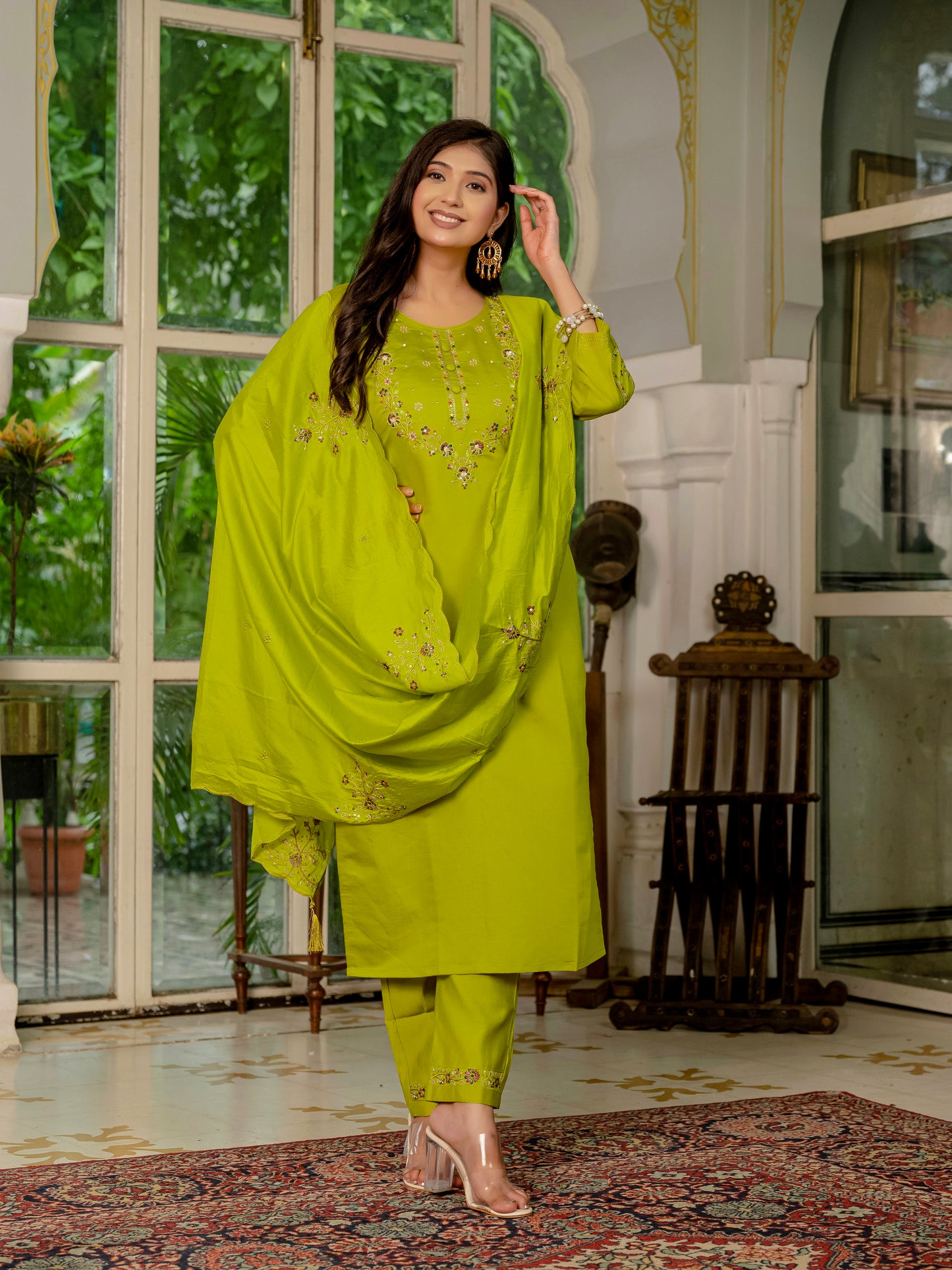 Marina Silk  Parrot Green Colour Elegant Straight Kurti Pant Dupatta Set