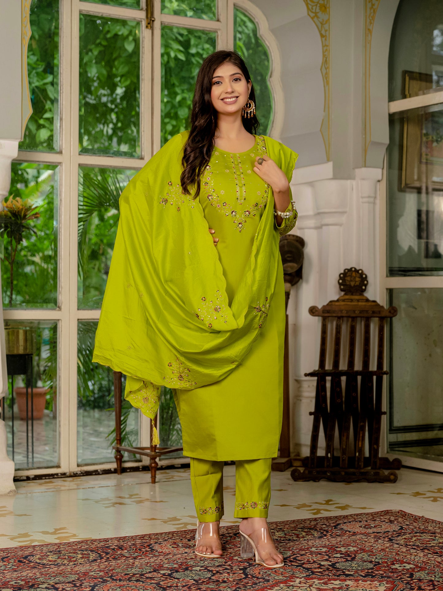 Marina Silk  Parrot Green Colour Elegant Straight Kurti Pant Dupatta Set