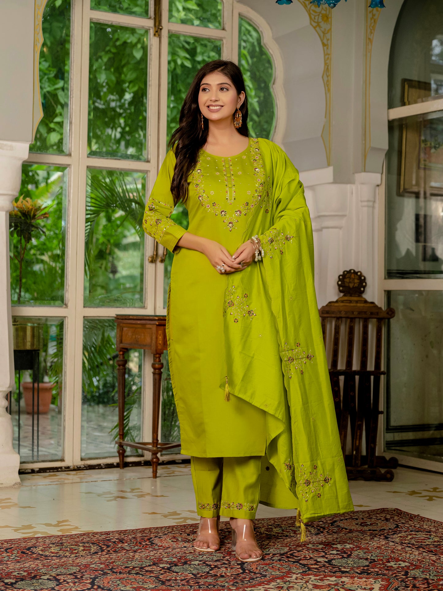 Marina Silk  Parrot Green Colour Elegant Straight Kurti Pant Dupatta Set