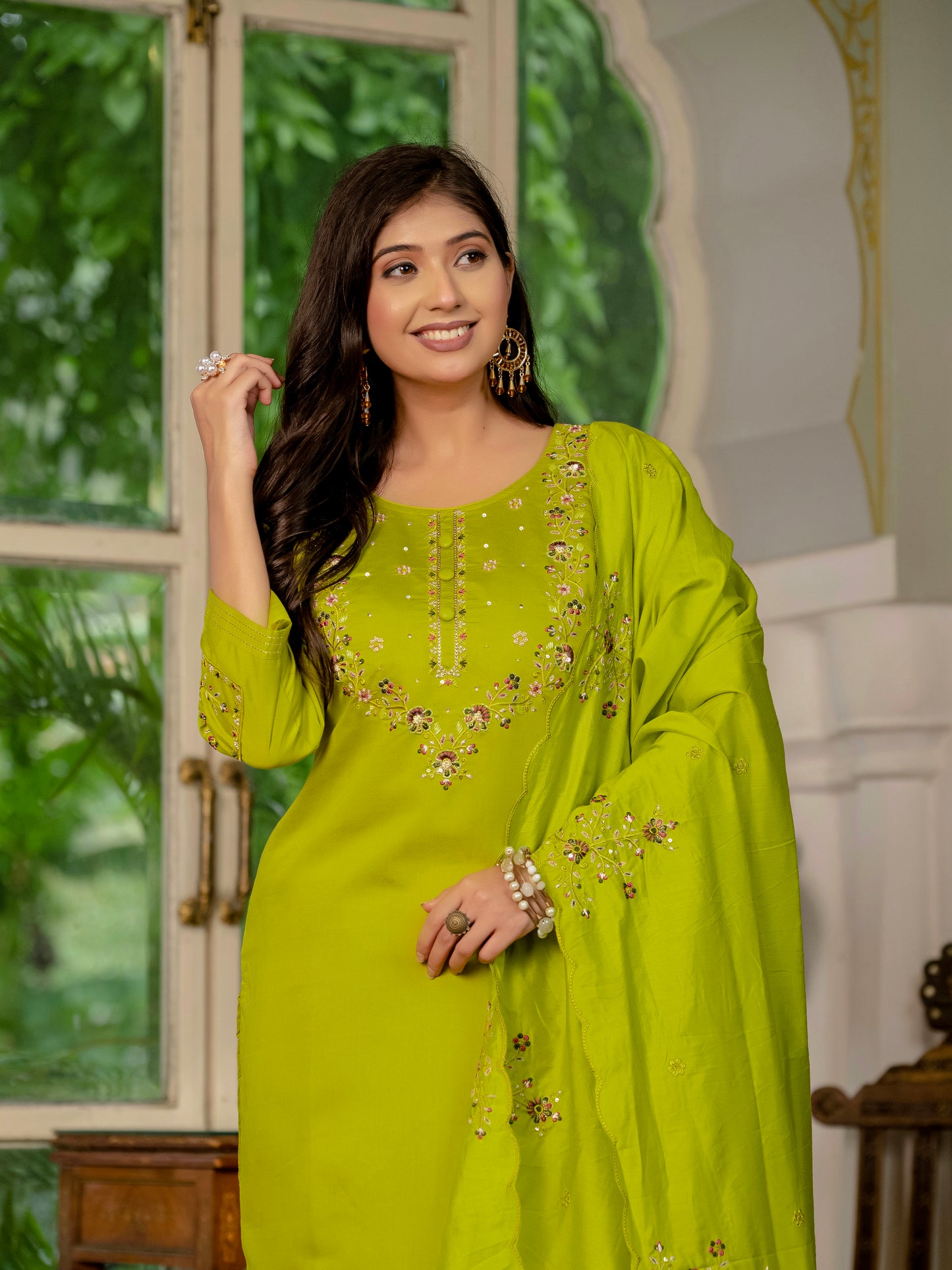 Marina Silk  Parrot Green Colour Elegant Straight Kurti Pant Dupatta Set