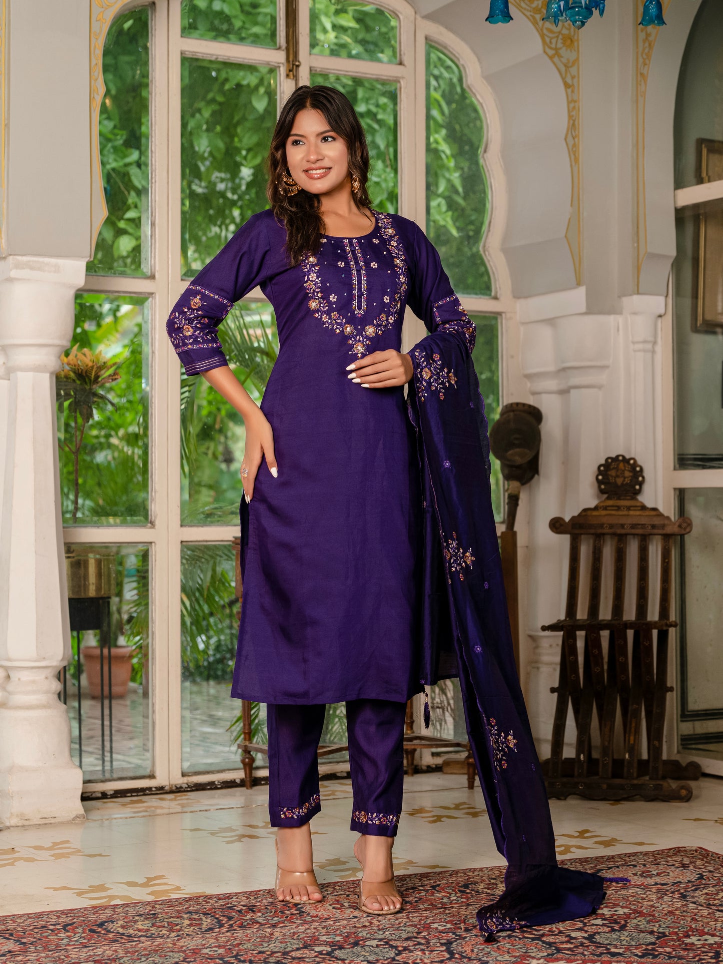 Marina Silk Violet Colour Elegant Straight Kurti Pant Dupatta Set