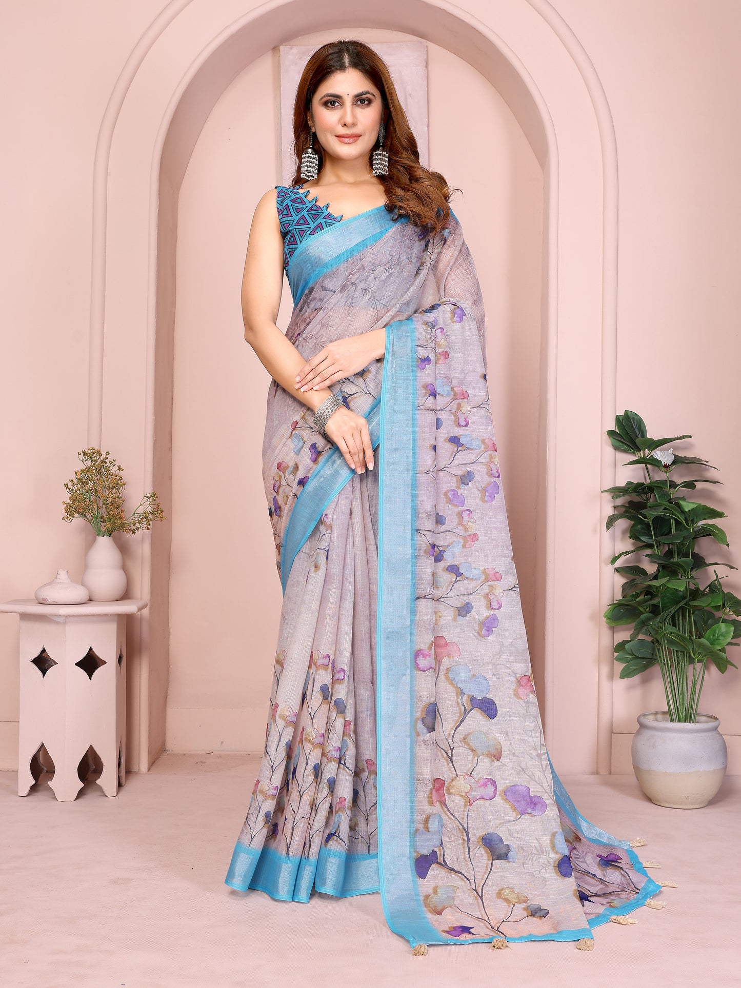 Elegant Linen Cotton Saree with Floral Print