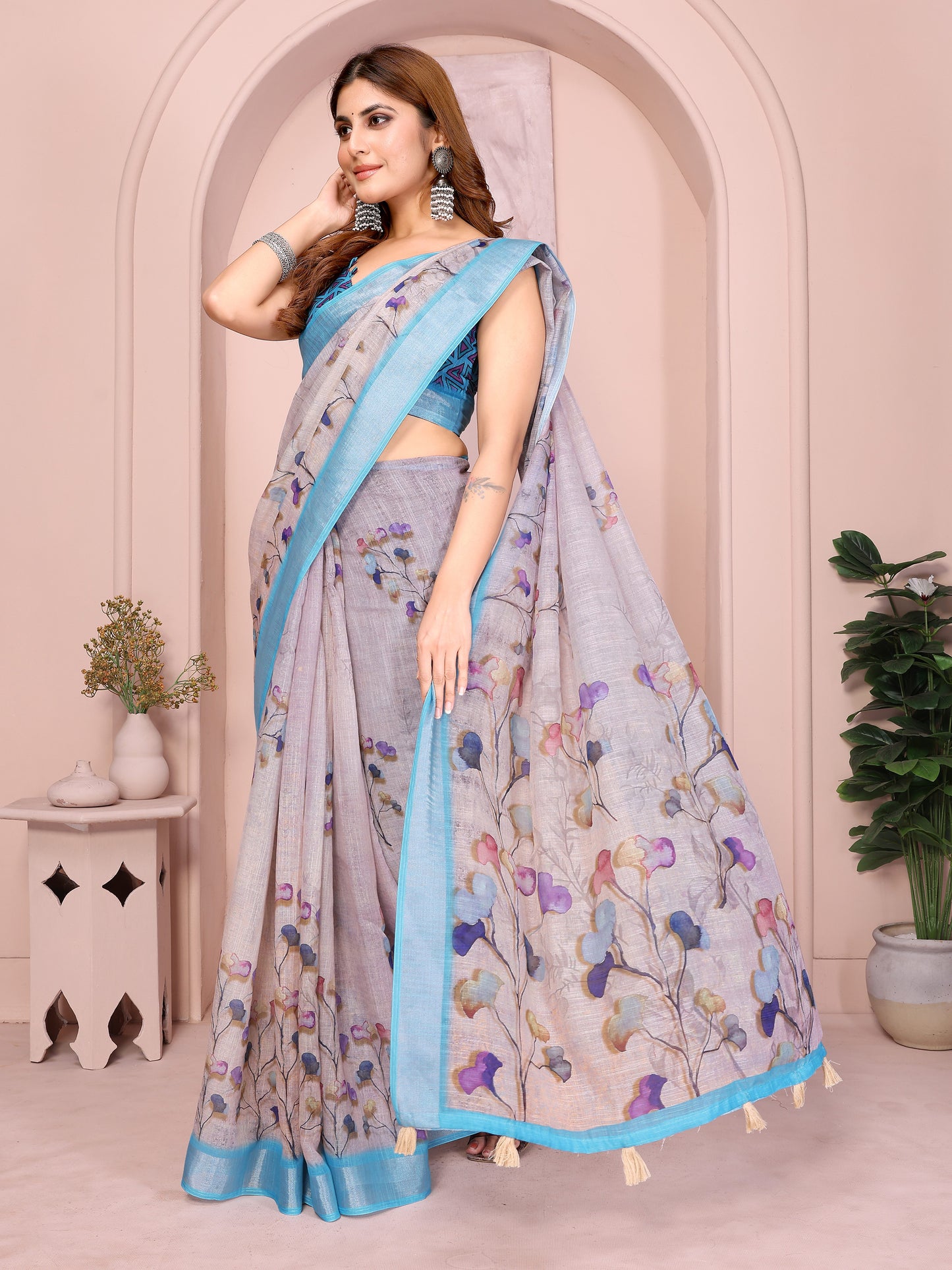 Elegant Linen Cotton Saree with Floral Print