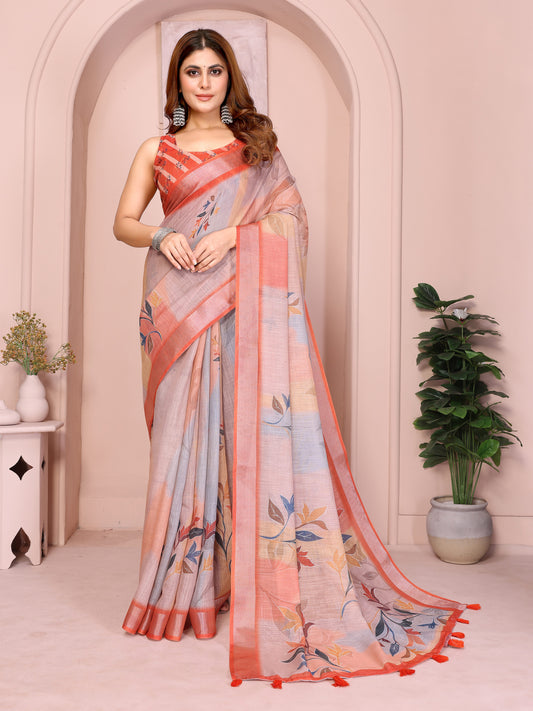 Elegant Linen Cotton Saree with Subtle Leaf Motifs