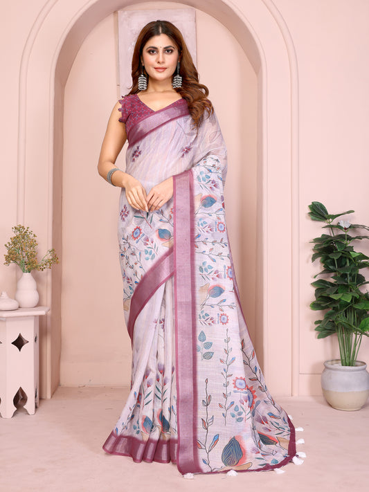 Elegant Linen Cotton Saree with Floral Motif