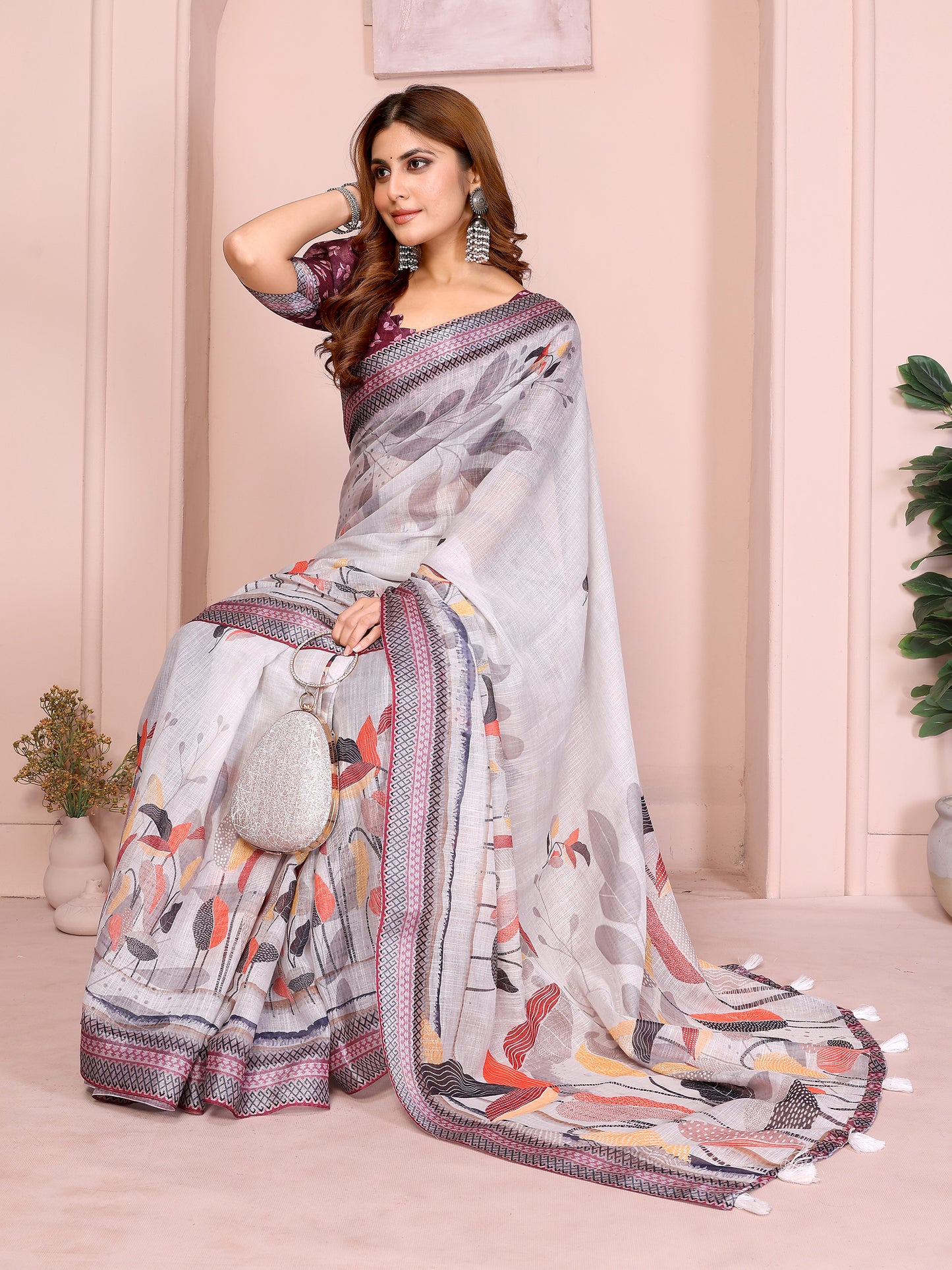 Elegant Linen Cotton Saree with Autumn Leaf Print
