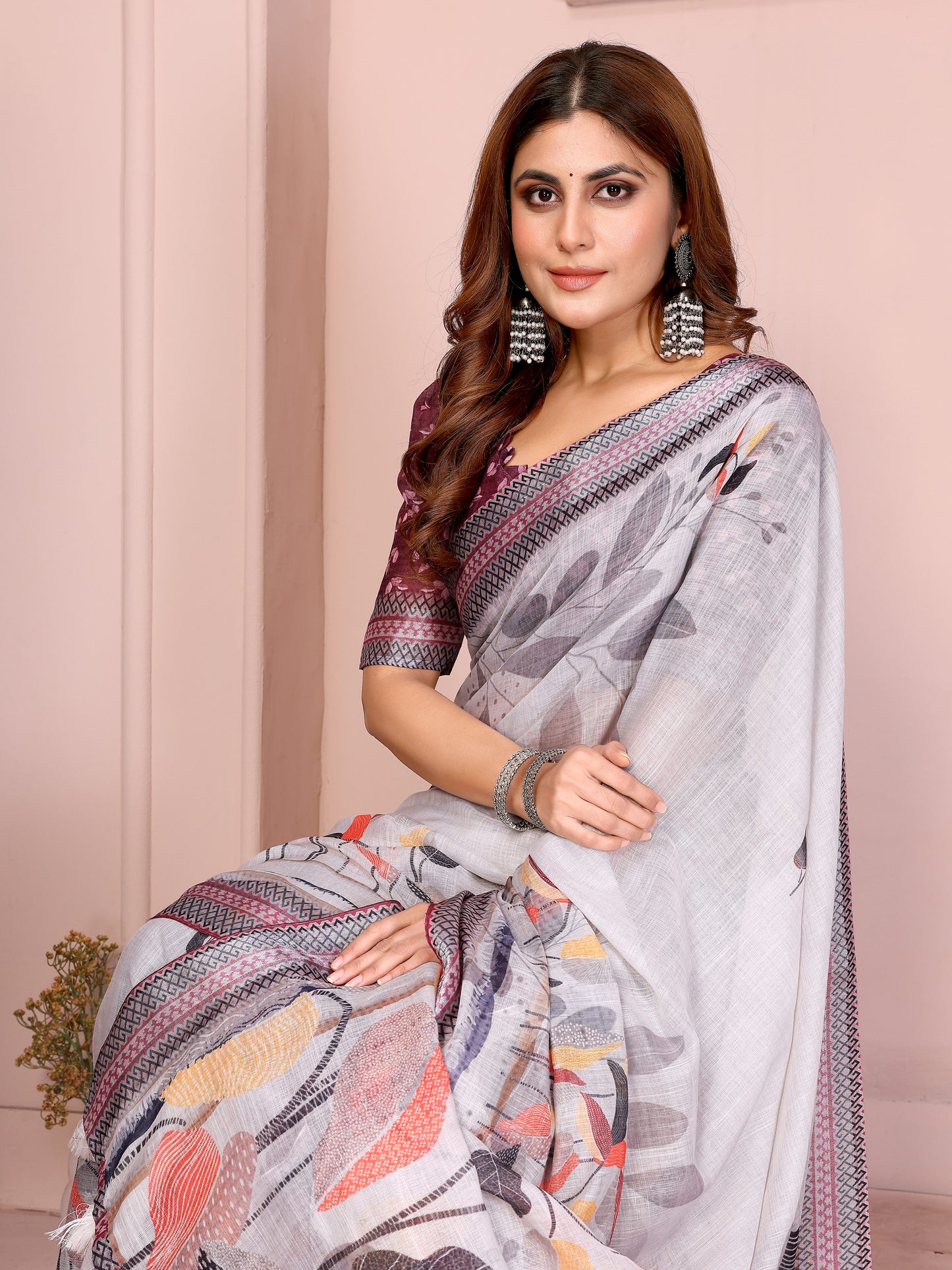 Elegant Linen Cotton Saree with Autumn Leaf Print