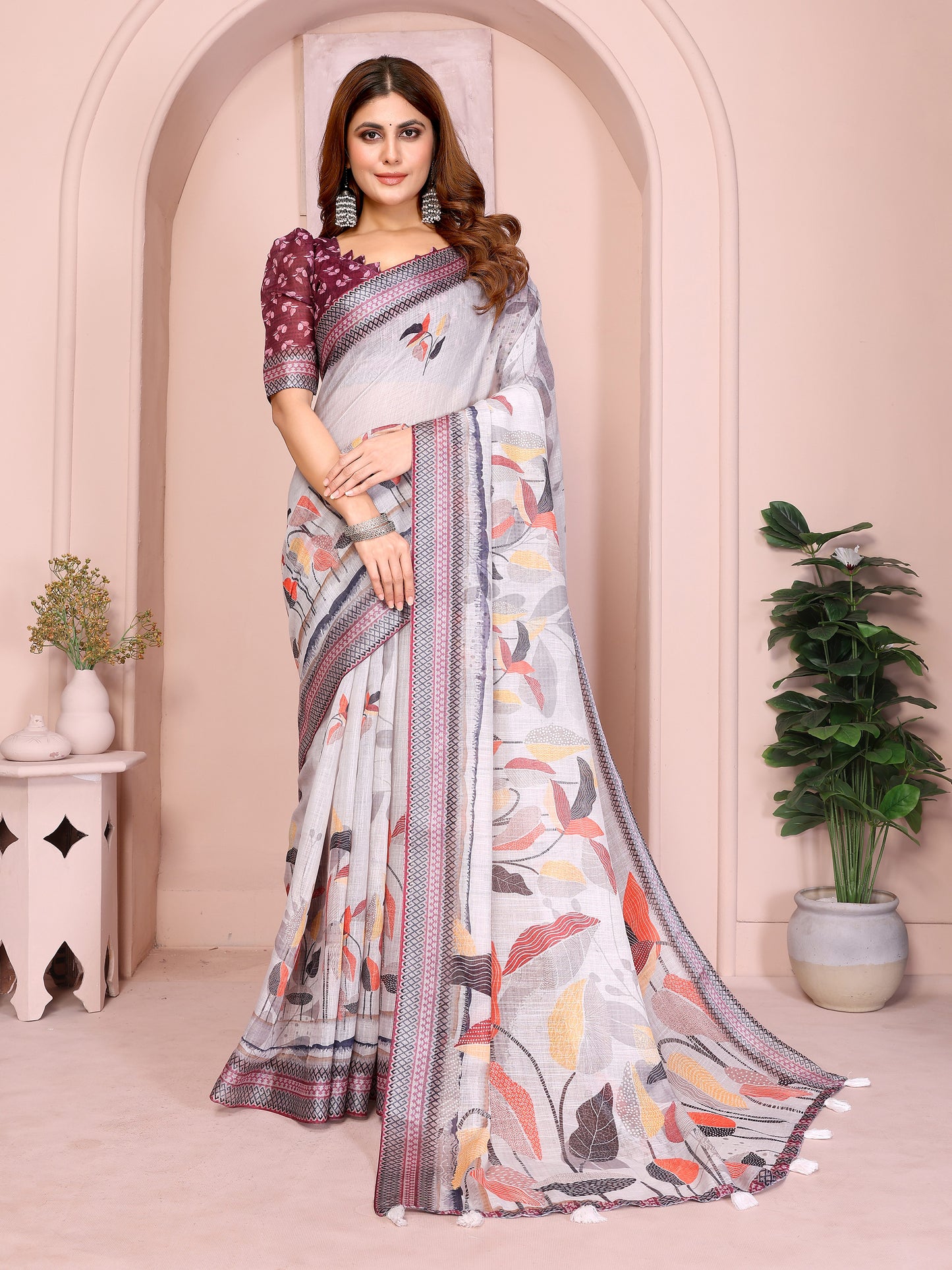 Elegant Linen Cotton Saree with Autumn Leaf Print