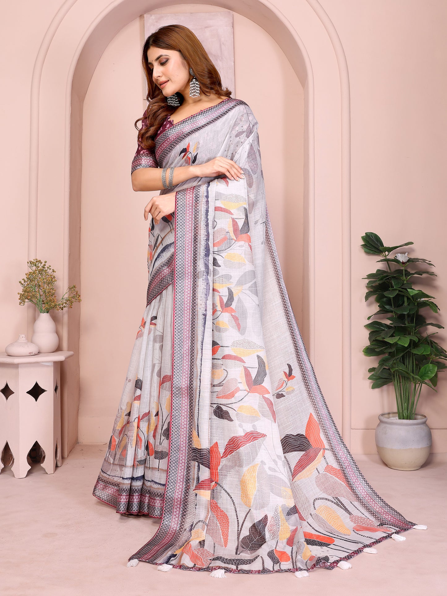 Elegant Linen Cotton Saree with Autumn Leaf Print