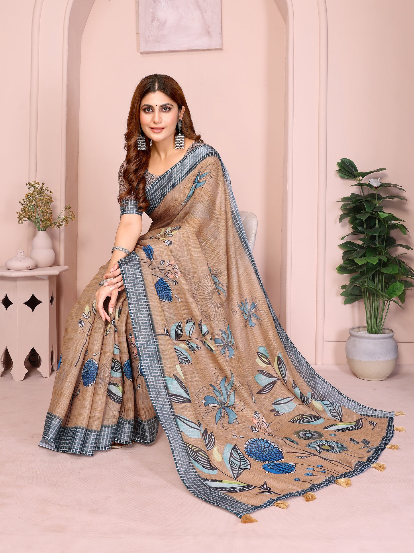 Elegant Linen Cotton Saree with Blue Floral Accents