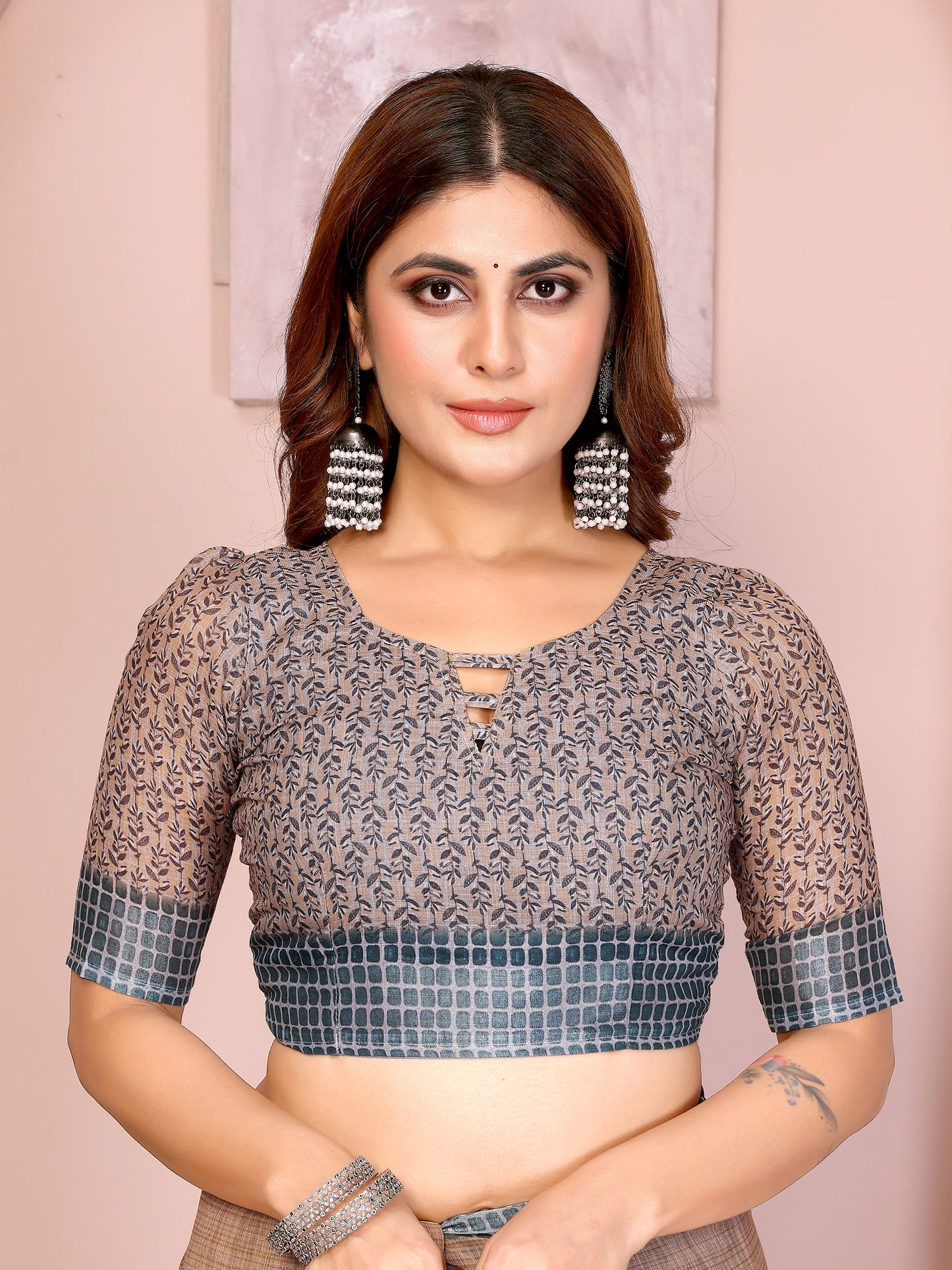 Elegant Linen Cotton Saree with Blue Floral Accents