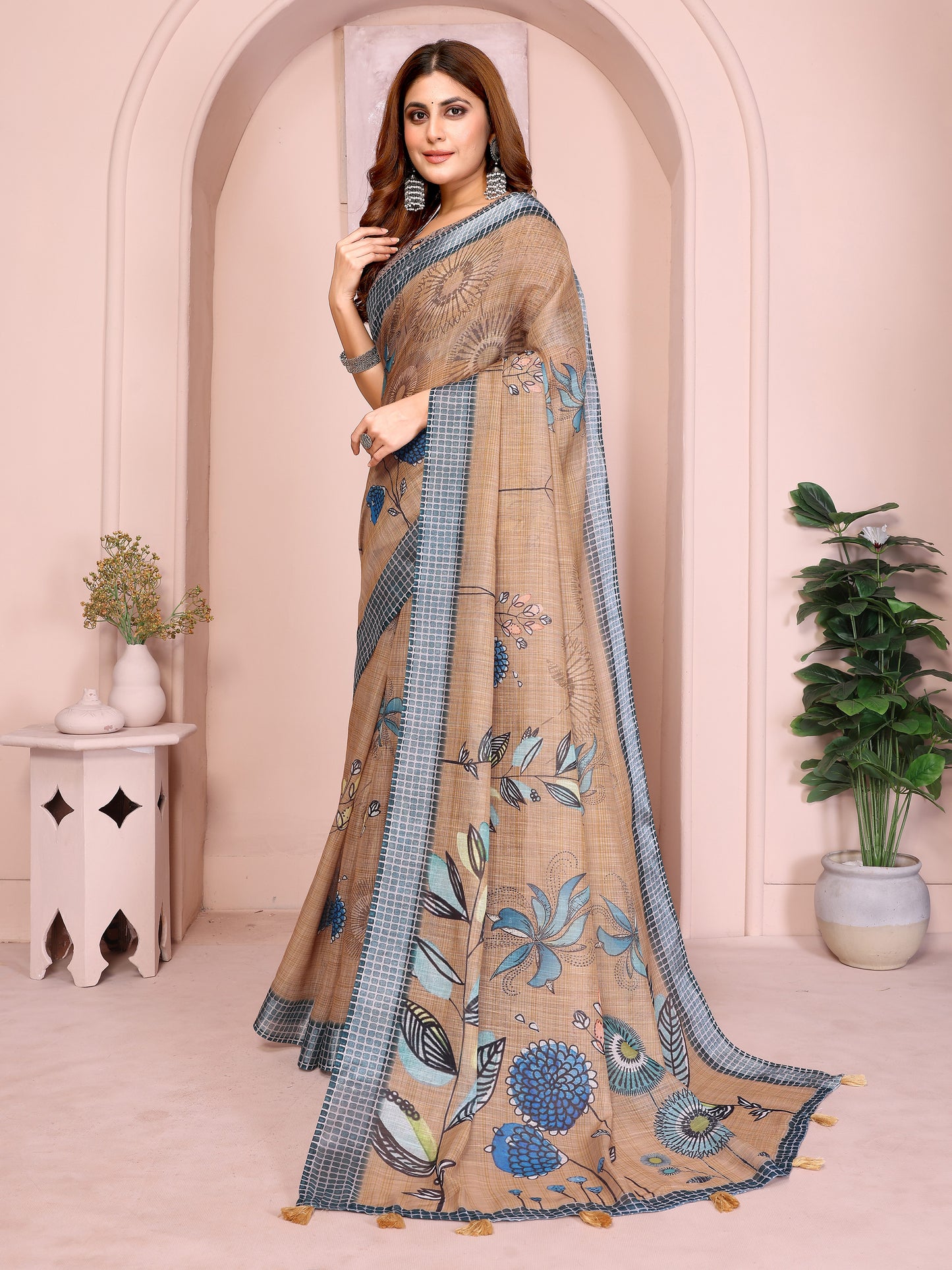 Elegant Linen Cotton Saree with Blue Floral Accents