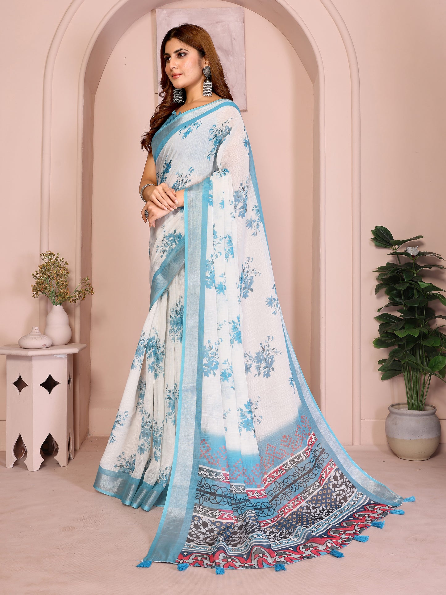White and Sky Blue Linen Cotton Saree with Artistic Pallu