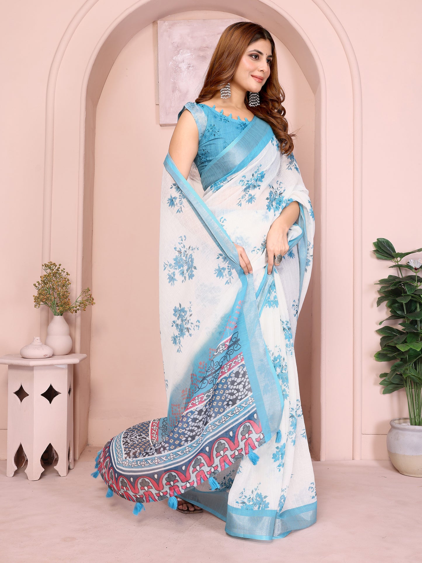 White and Sky Blue Linen Cotton Saree with Artistic Pallu