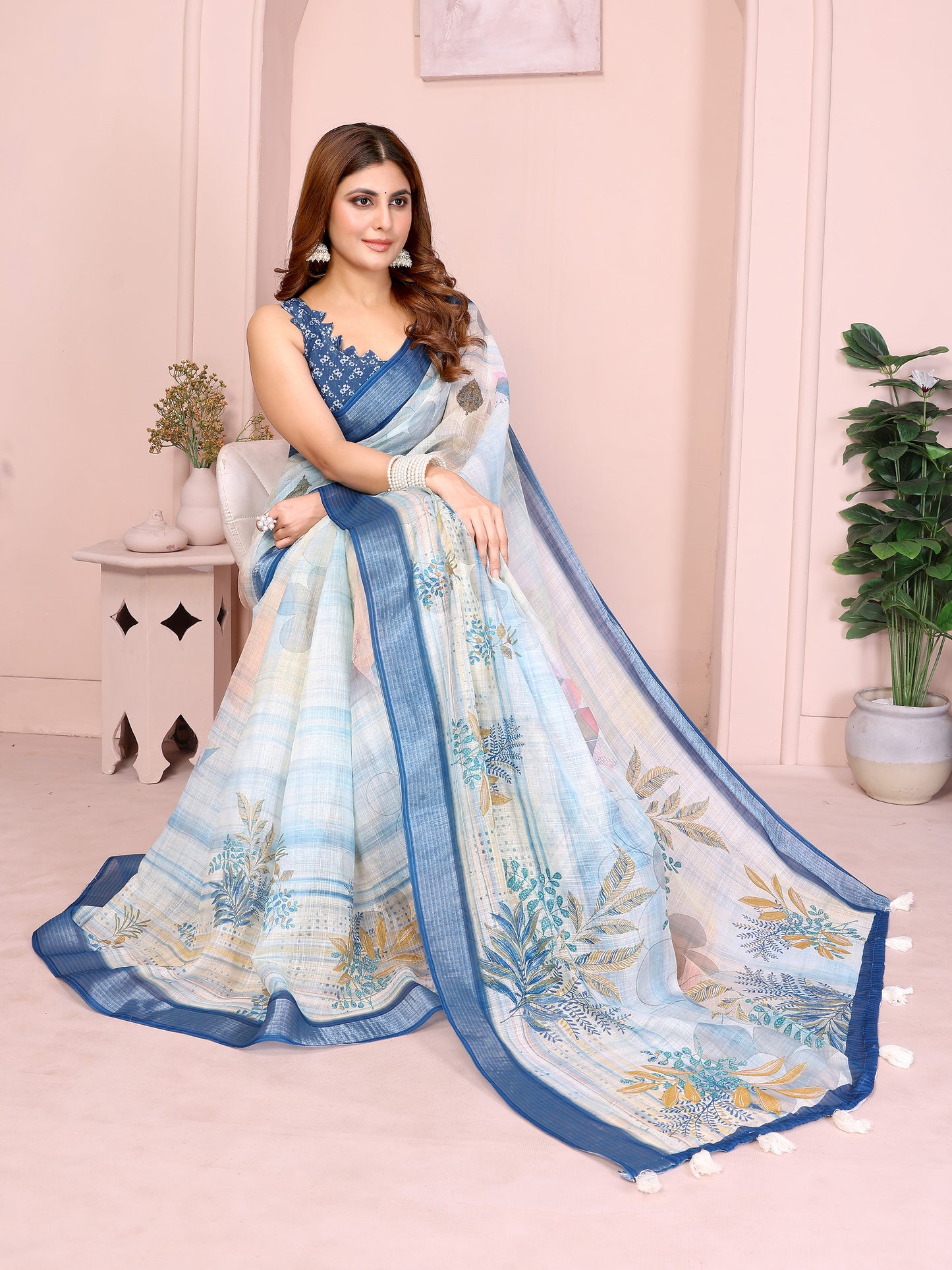 Pastel Blue Linen Cotton Saree with Tropical Leaf Prints