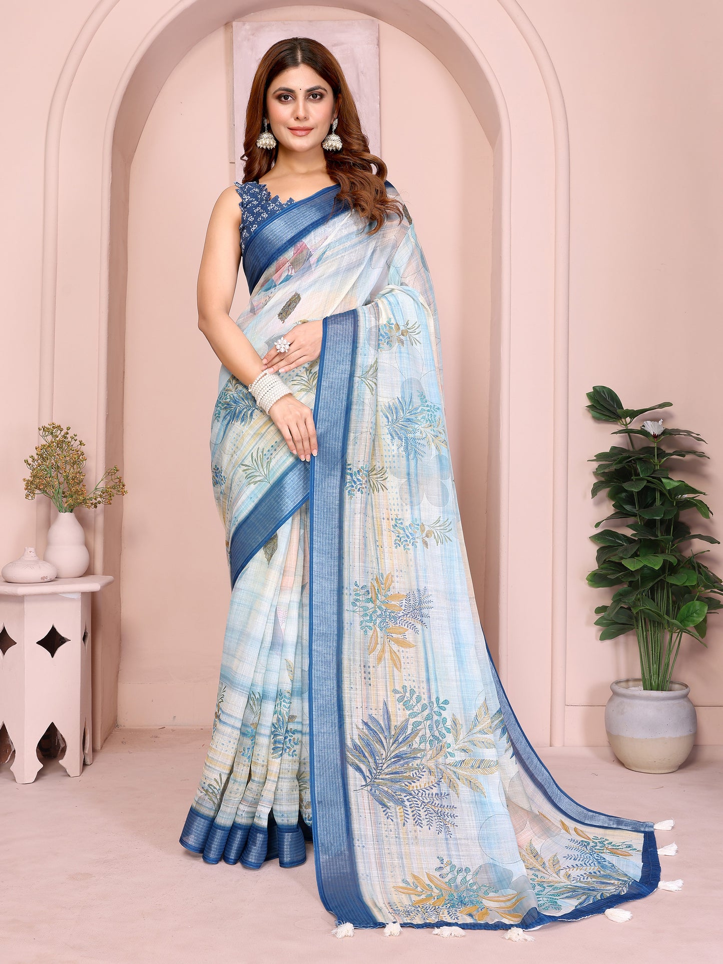 Pastel Blue Linen Cotton Saree with Tropical Leaf Prints