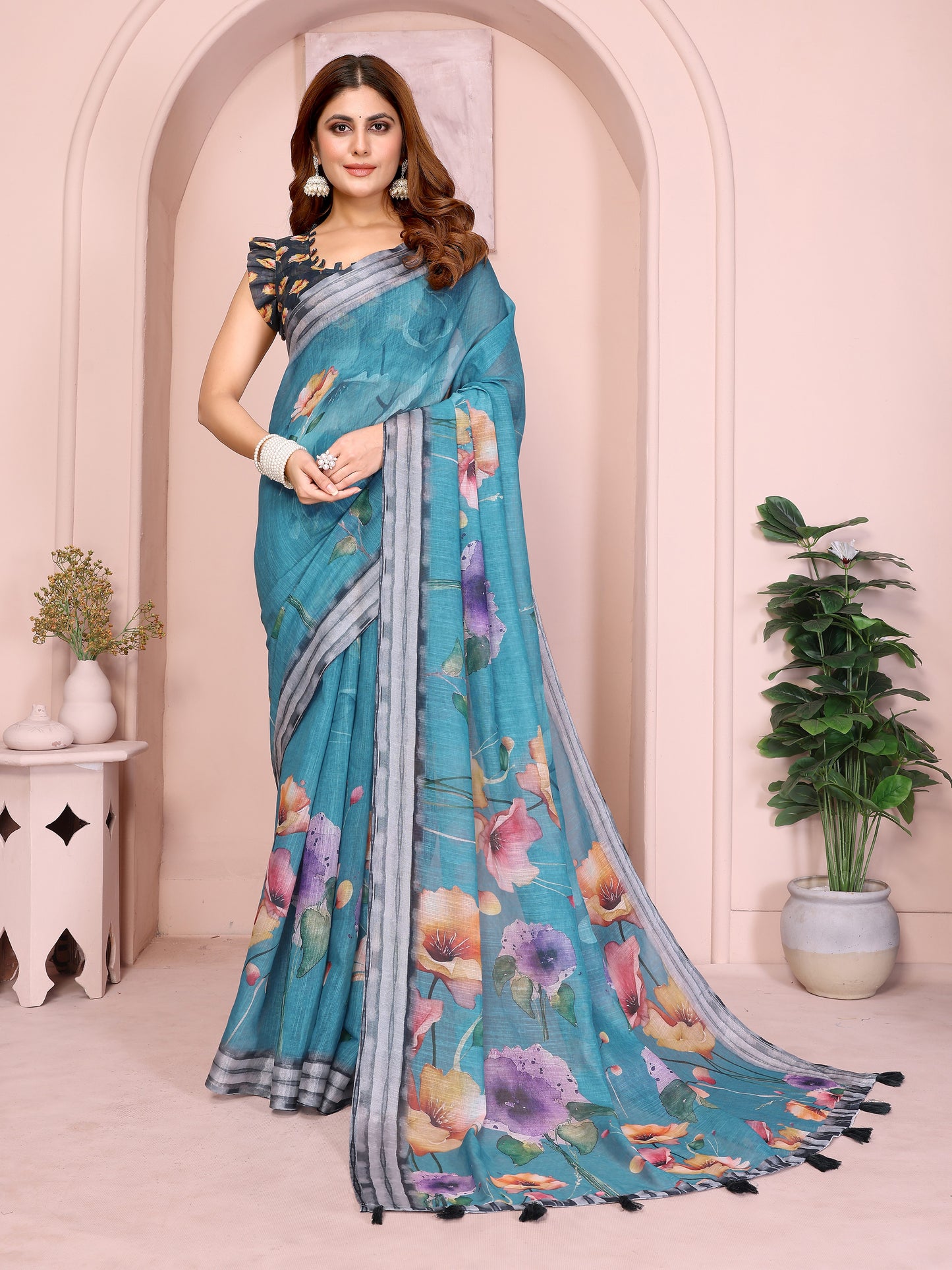 Teal Linen Cotton Saree with Multicolor Floral Prints