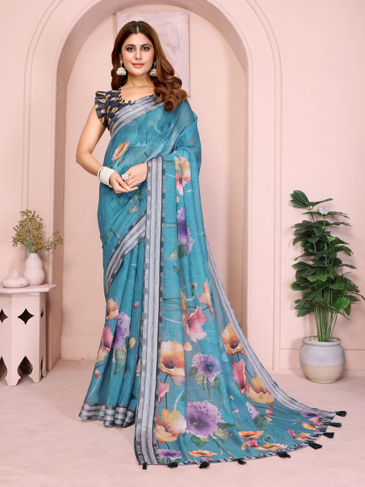 Teal Linen Cotton Saree with Multicolor Floral Prints
