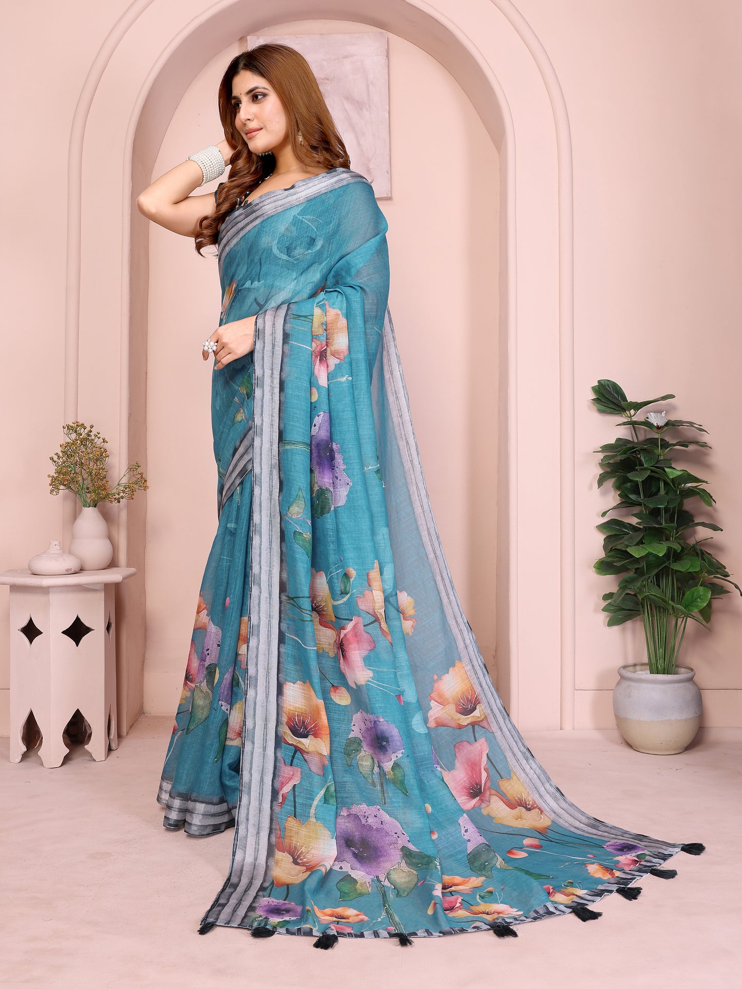Teal Linen Cotton Saree with Multicolor Floral Prints