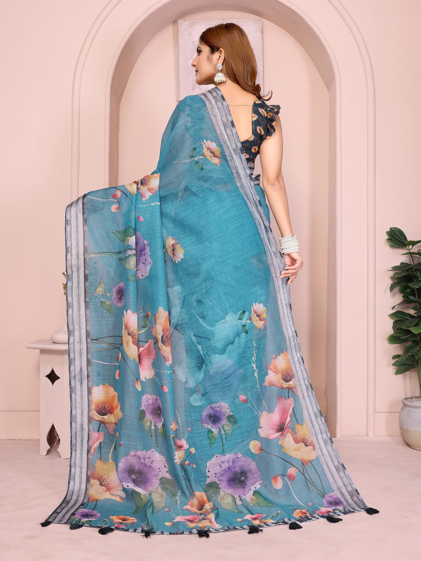 Teal Linen Cotton Saree with Multicolor Floral Prints
