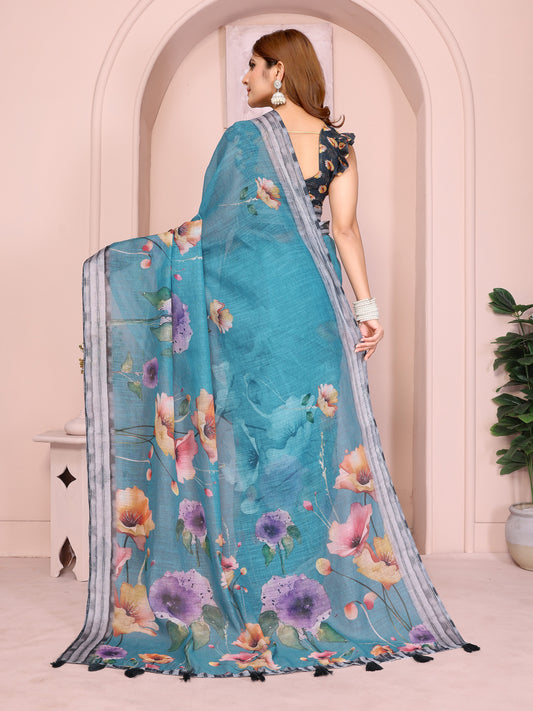 Teal Linen Cotton Saree with Multicolor Floral Prints