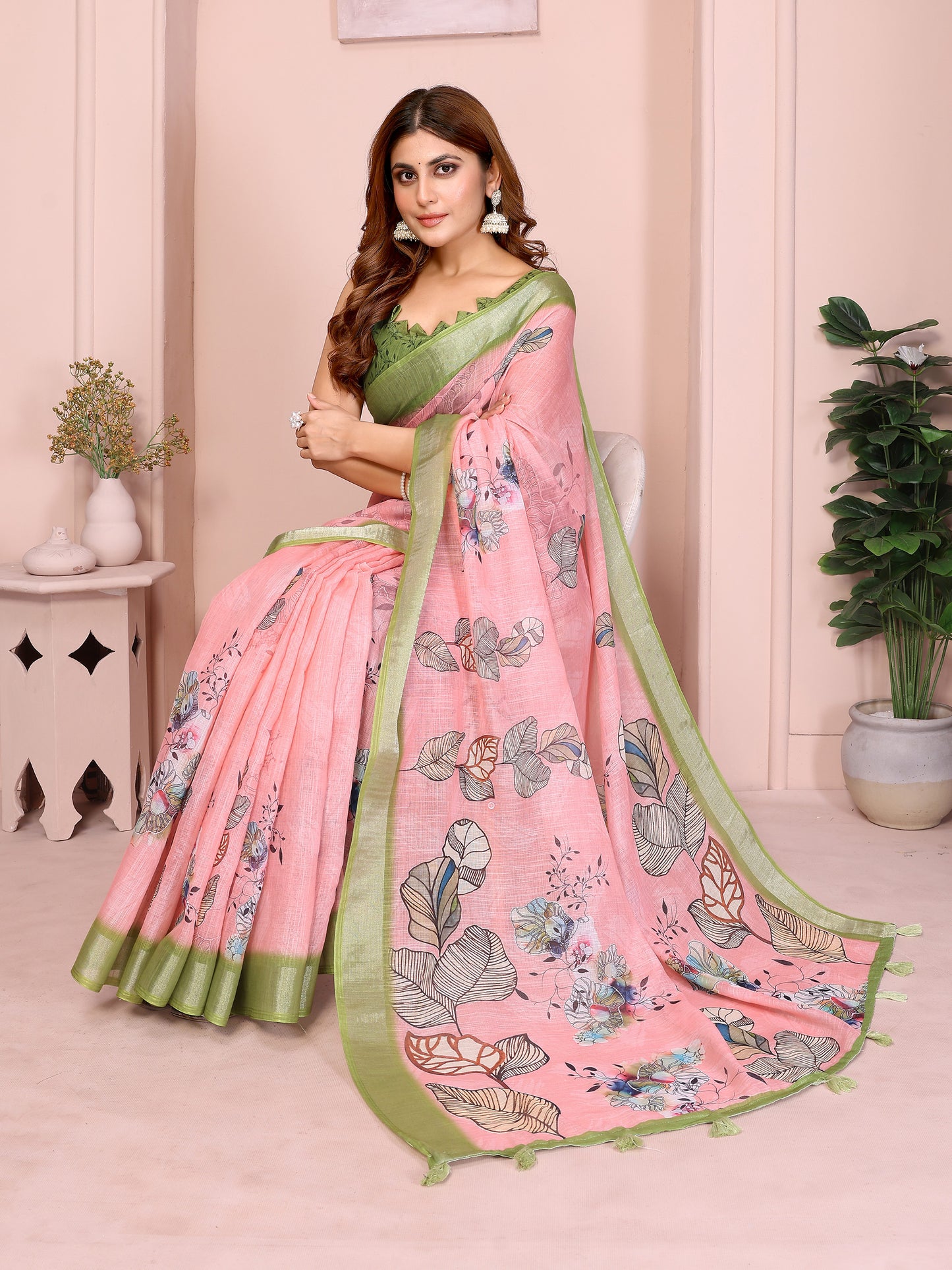 Graceful Linen Cotton Saree with Pastel Floral Elegance
