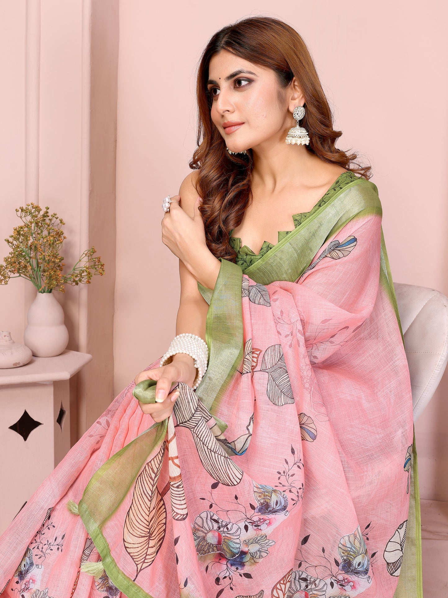 Graceful Linen Cotton Saree with Pastel Floral Elegance