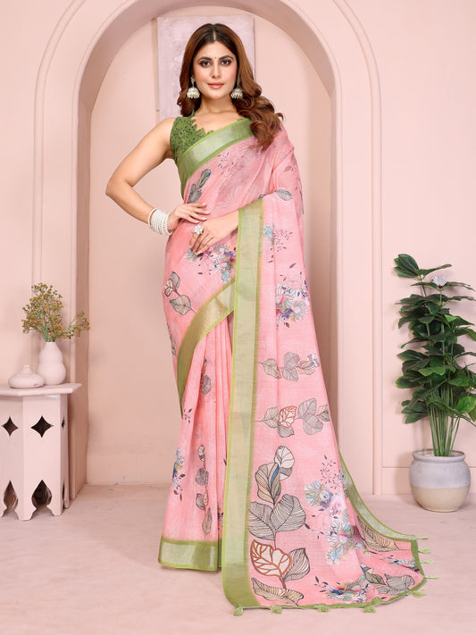 Graceful Linen Cotton Saree with Pastel Floral Elegance