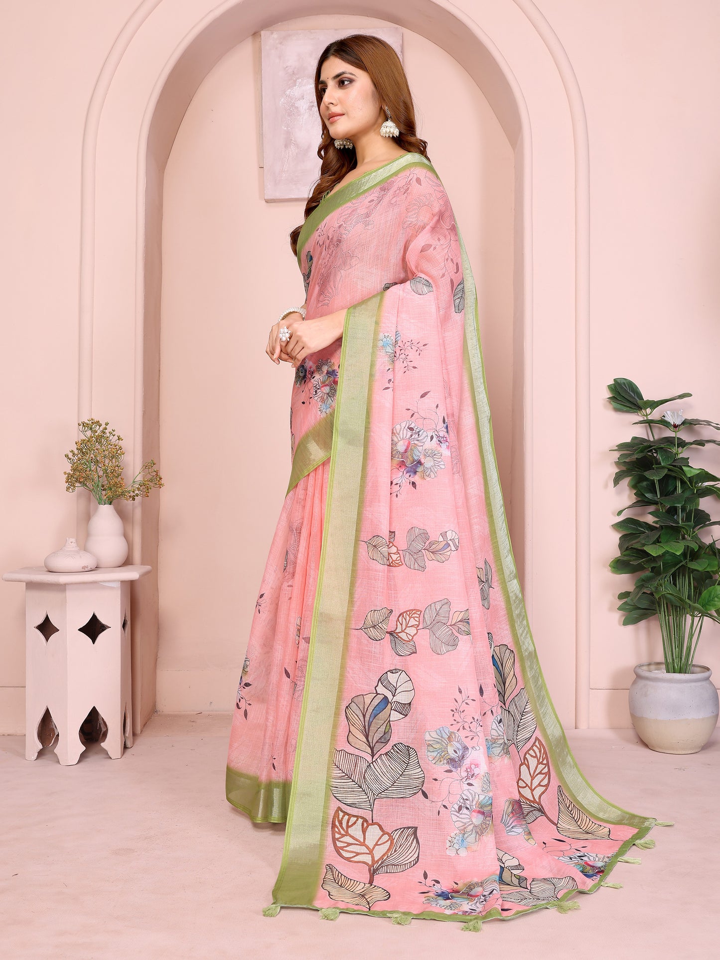 Graceful Linen Cotton Saree with Pastel Floral Elegance