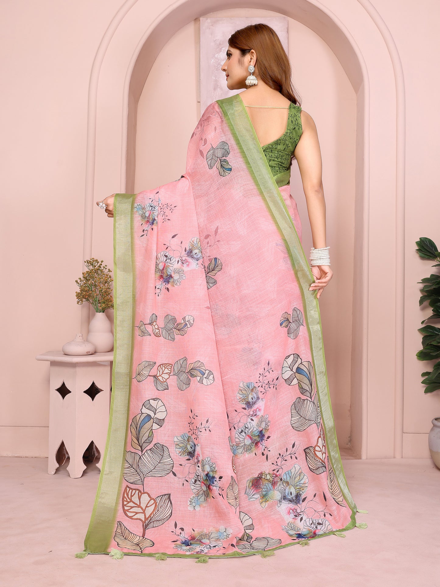Graceful Linen Cotton Saree with Pastel Floral Elegance