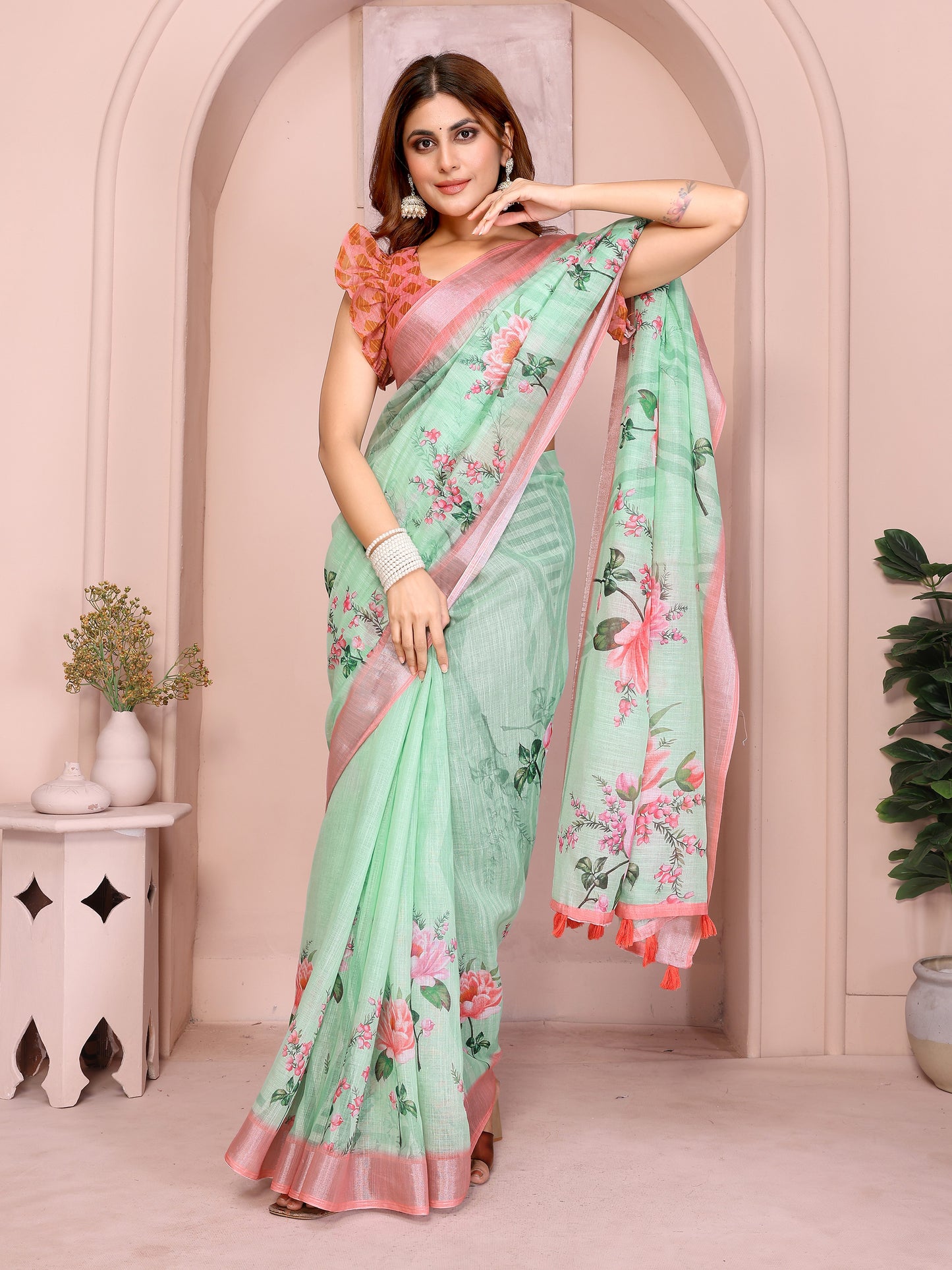 Refreshing Mint Green Linen Cotton Saree with Pink Floral Prints