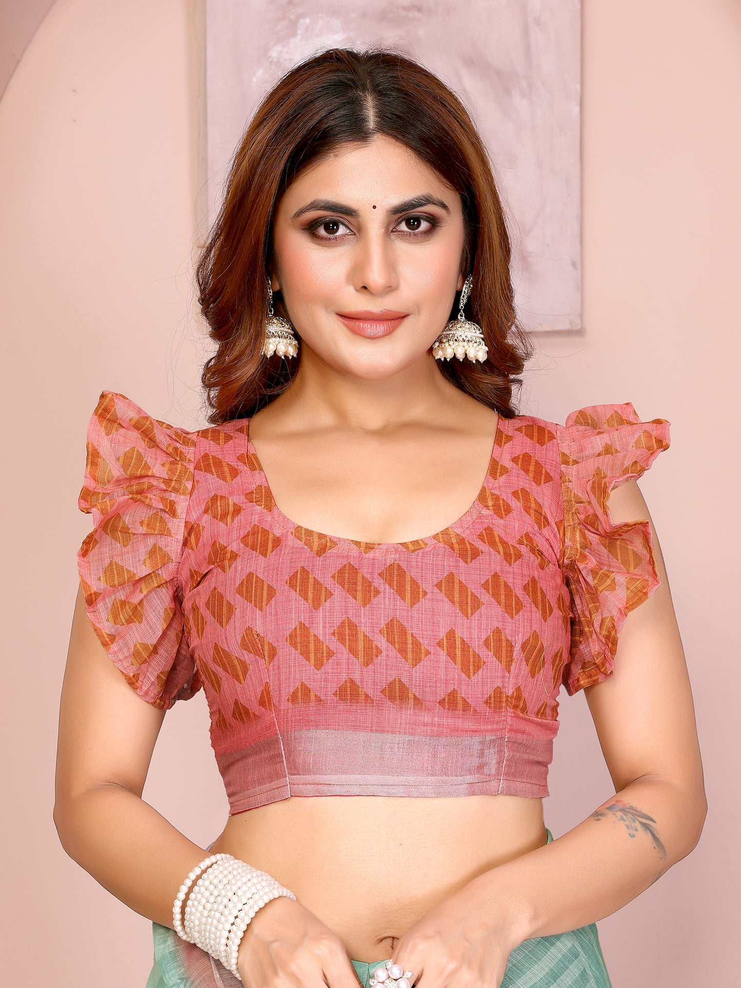 Refreshing Mint Green Linen Cotton Saree with Pink Floral Prints