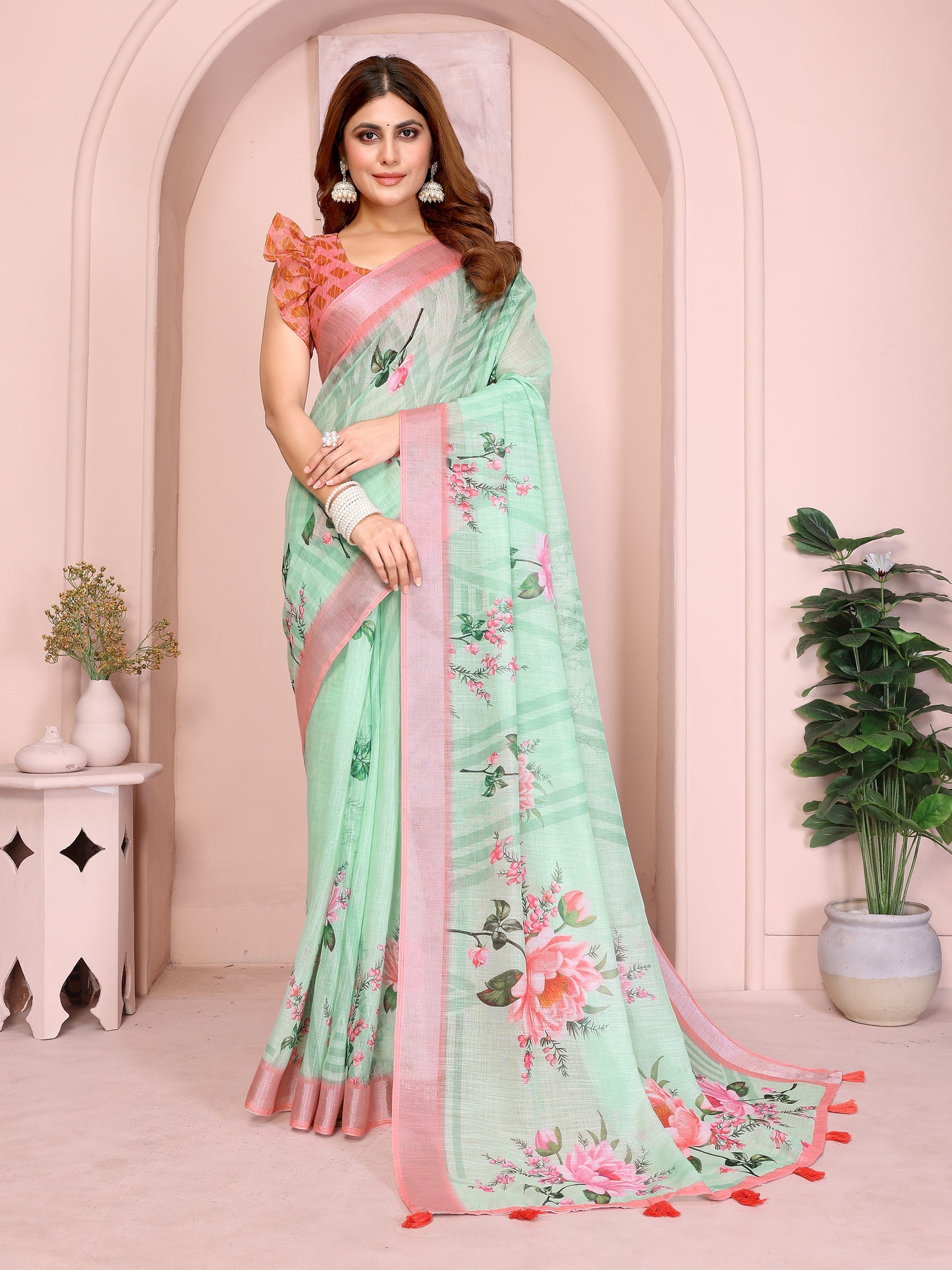 Refreshing Mint Green Linen Cotton Saree with Pink Floral Prints