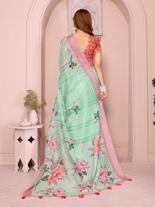 Refreshing Mint Green Linen Cotton Saree with Pink Floral Prints