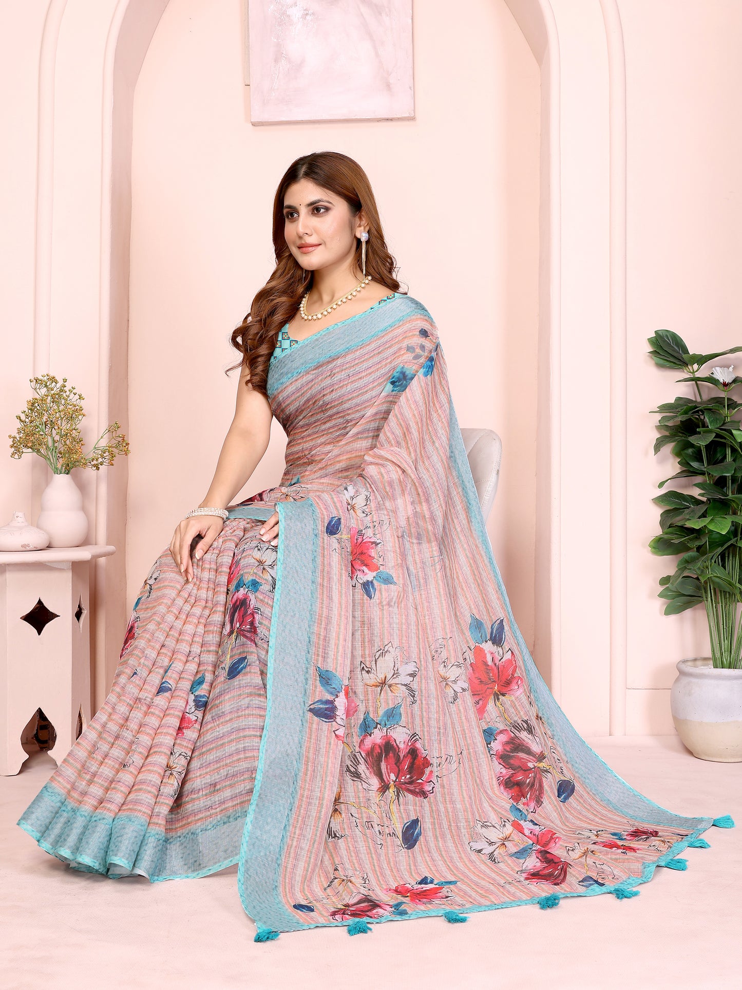 Elegant Linen Cotton Saree with Floral Print