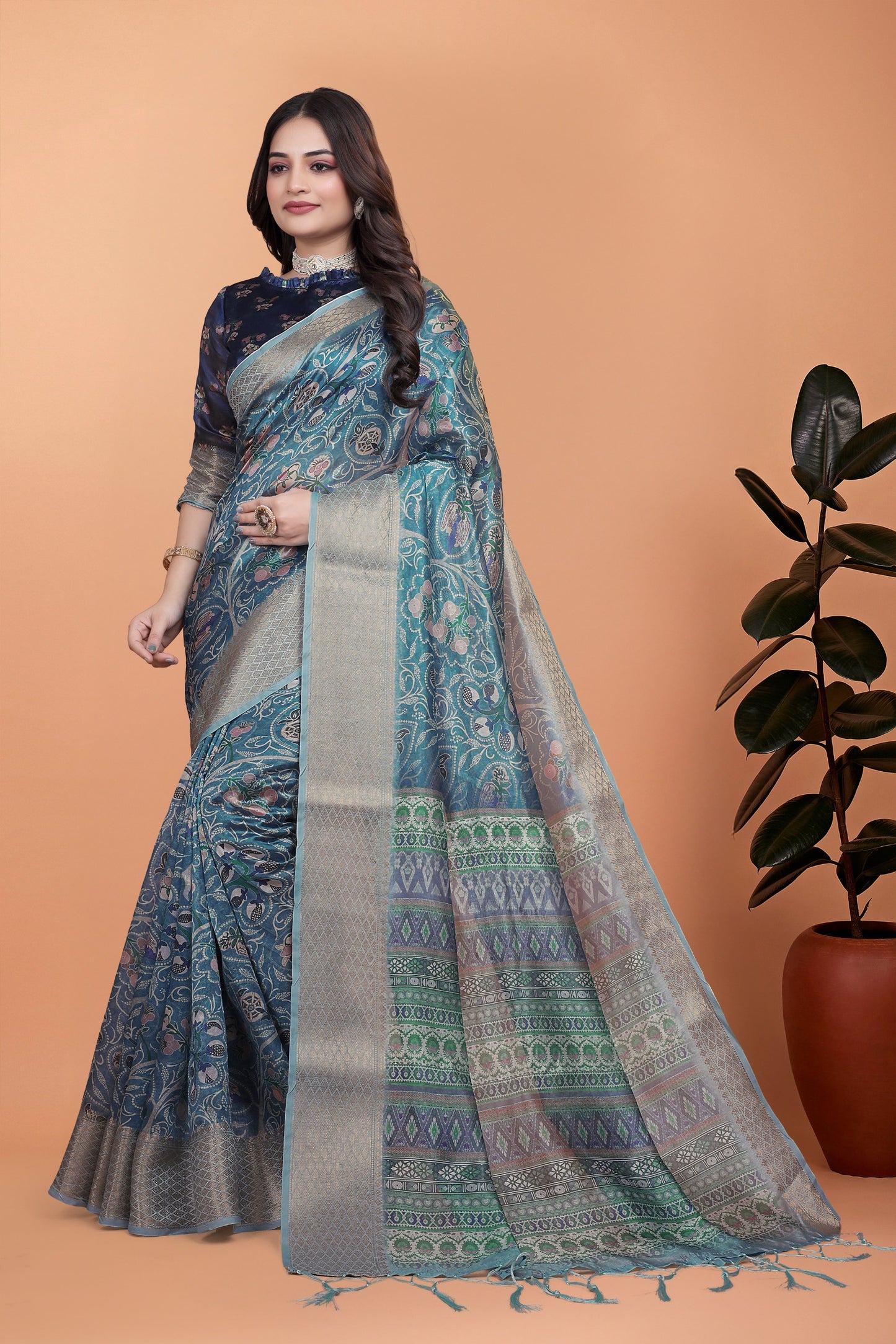 Peacock Blue Soft Silk Saree with Floral Zari Weave & MultiColor Pallu