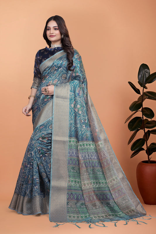 Peacock Blue Soft Silk Saree with Floral Zari Weave & MultiColor Pallu