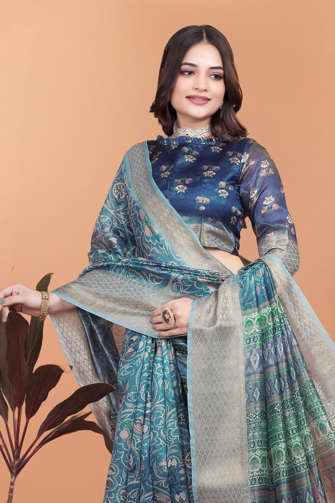 Peacock Blue Soft Silk Saree with Floral Zari Weave & MultiColor Pallu