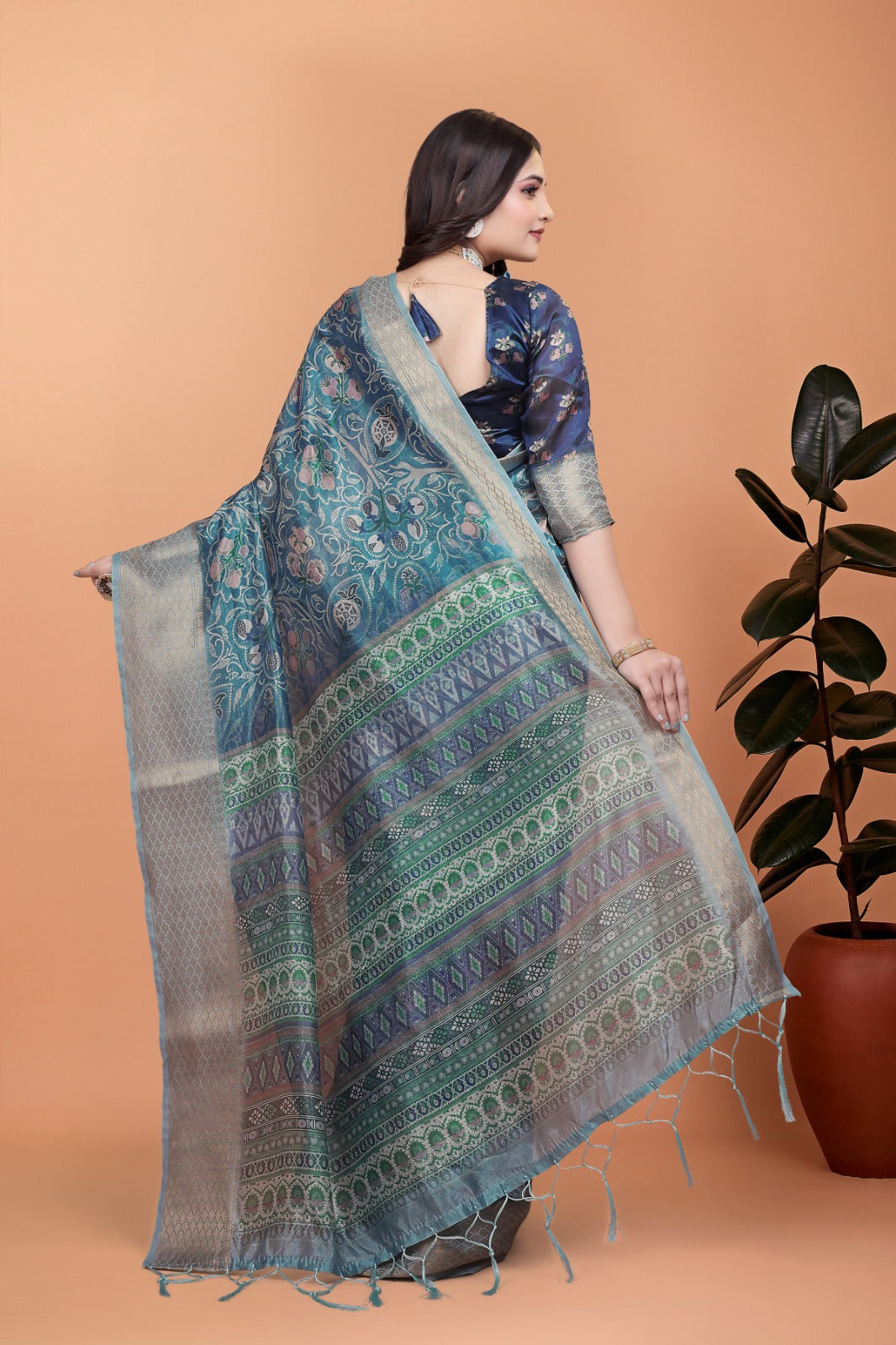 Peacock Blue Soft Silk Saree with Floral Zari Weave & MultiColor Pallu