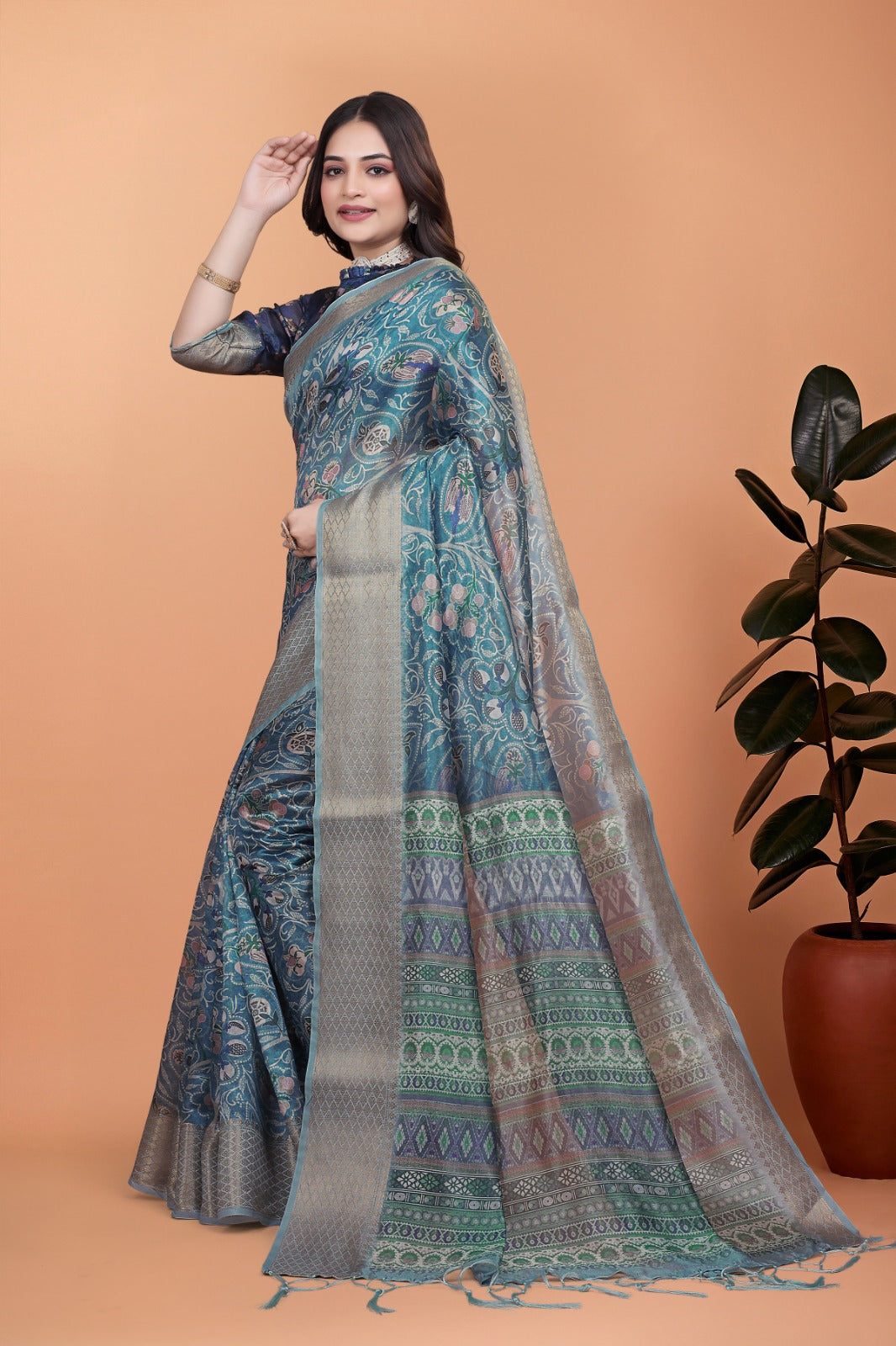 Peacock Blue Soft Silk Saree with Floral Zari Weave & MultiColor Pallu