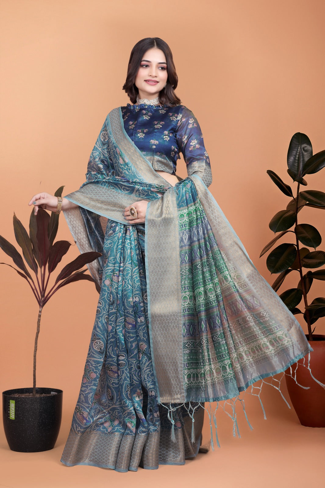 Peacock Blue Soft Silk Saree with Floral Zari Weave & MultiColor Pallu