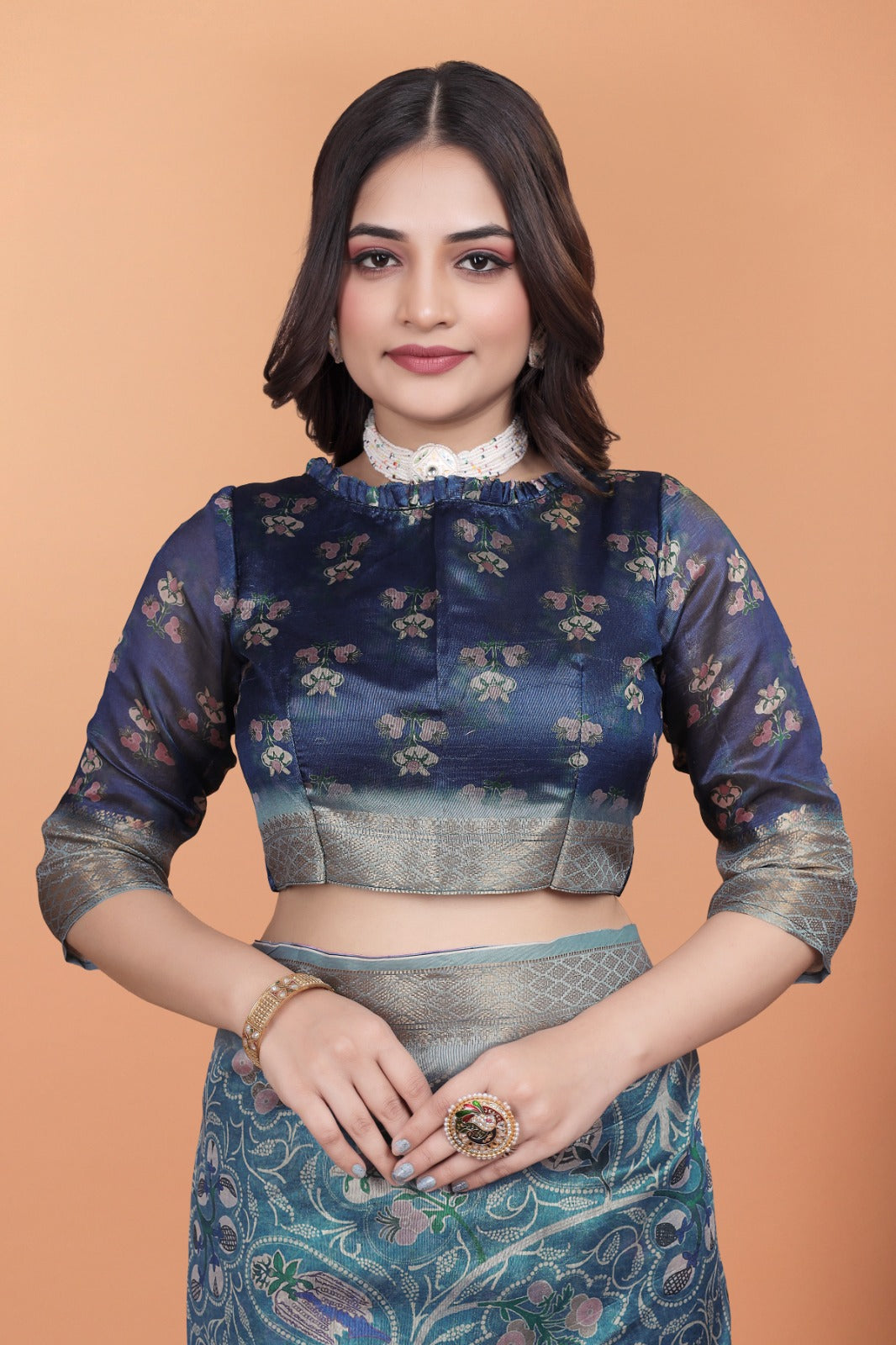 Peacock Blue Soft Silk Saree with Floral Zari Weave & MultiColor Pallu