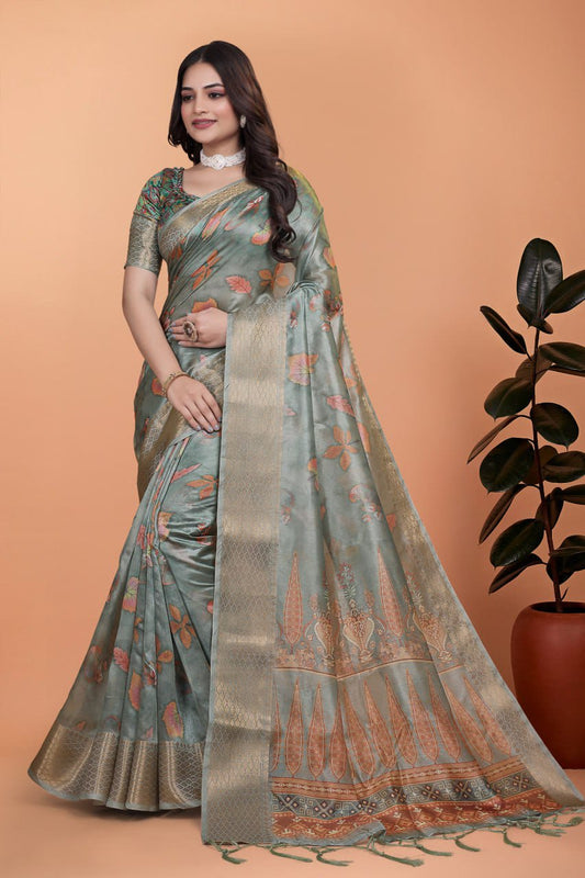 sage green Soft Silk Saree with Copper Zari Border & Multicolor Pallu