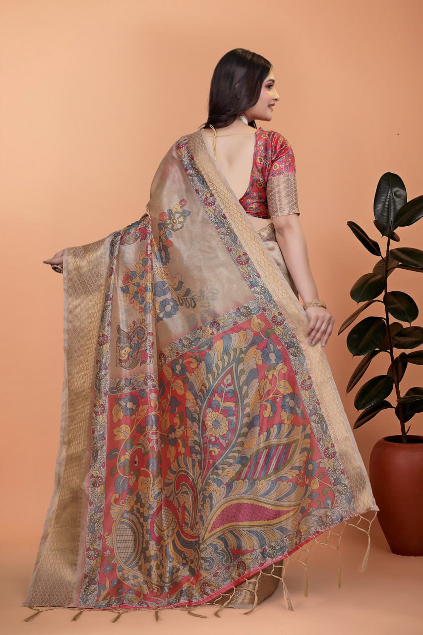 Beige Soft Silk Saree with Copper Zari Border & Multicolor Pallu