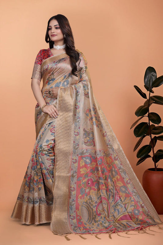 Beige Soft Silk Saree with Copper Zari Border & Multicolor Pallu