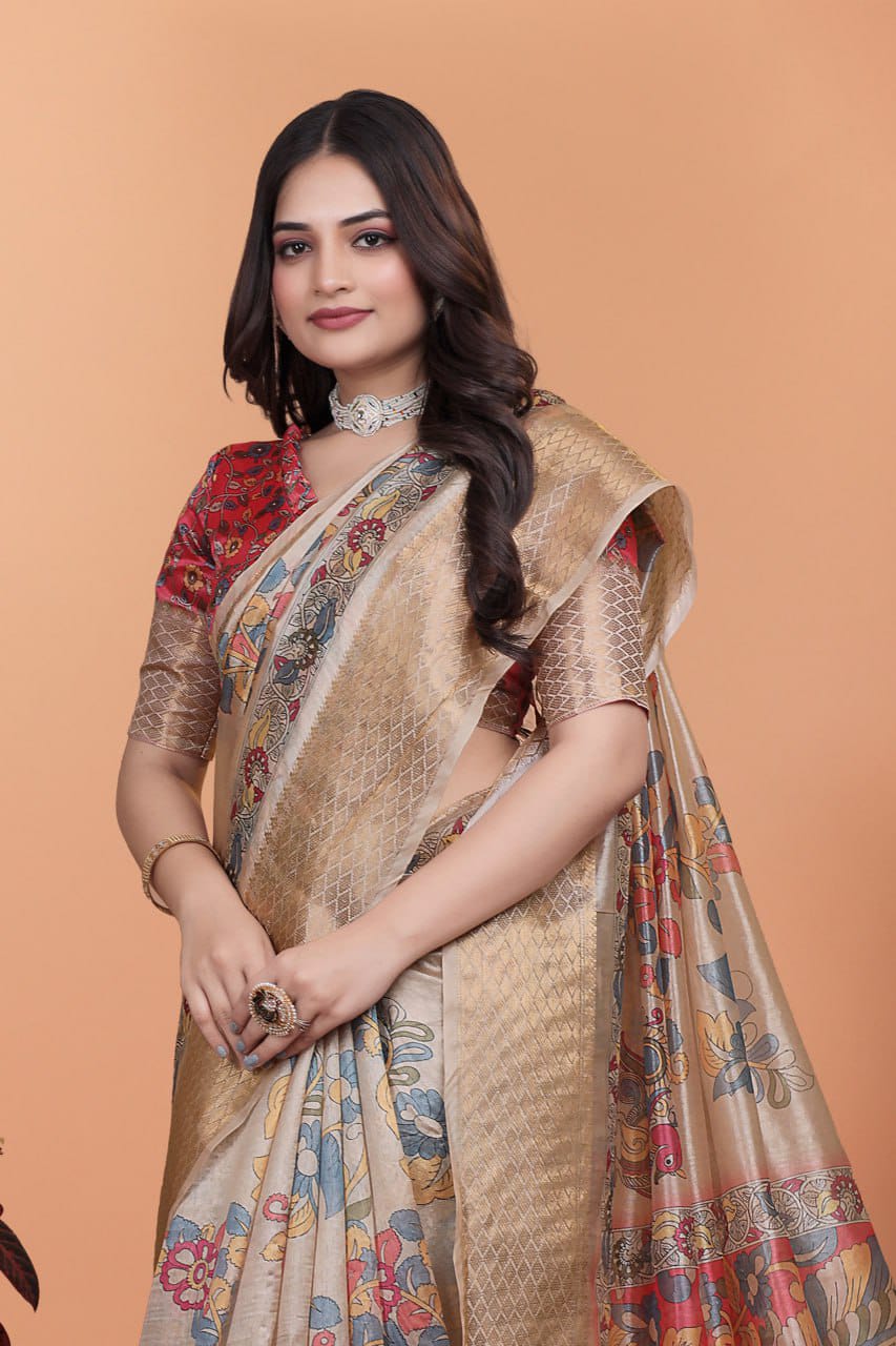 Beige Soft Silk Saree with Copper Zari Border & Multicolor Pallu