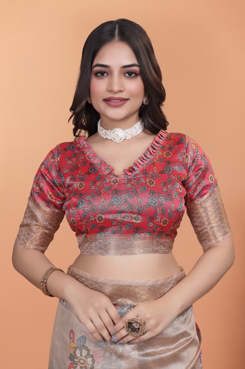 Beige Soft Silk Saree with Copper Zari Border & Multicolor Pallu