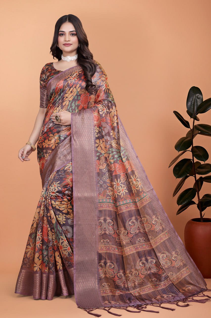 Lavender Soft Silk Saree with Copper Zari Border & Multicolor Pallu