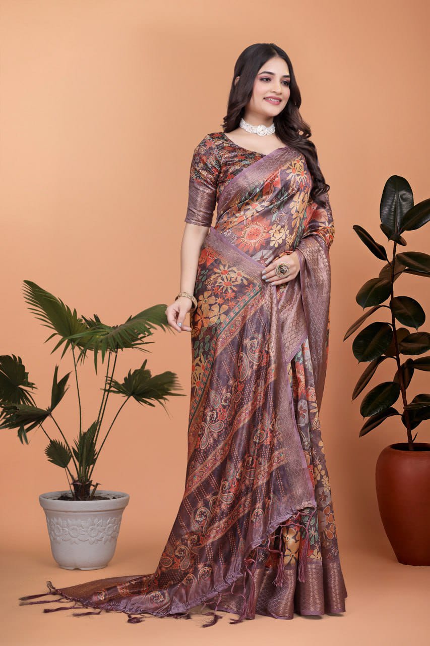 Lavender Soft Silk Saree with Copper Zari Border & Multicolor Pallu