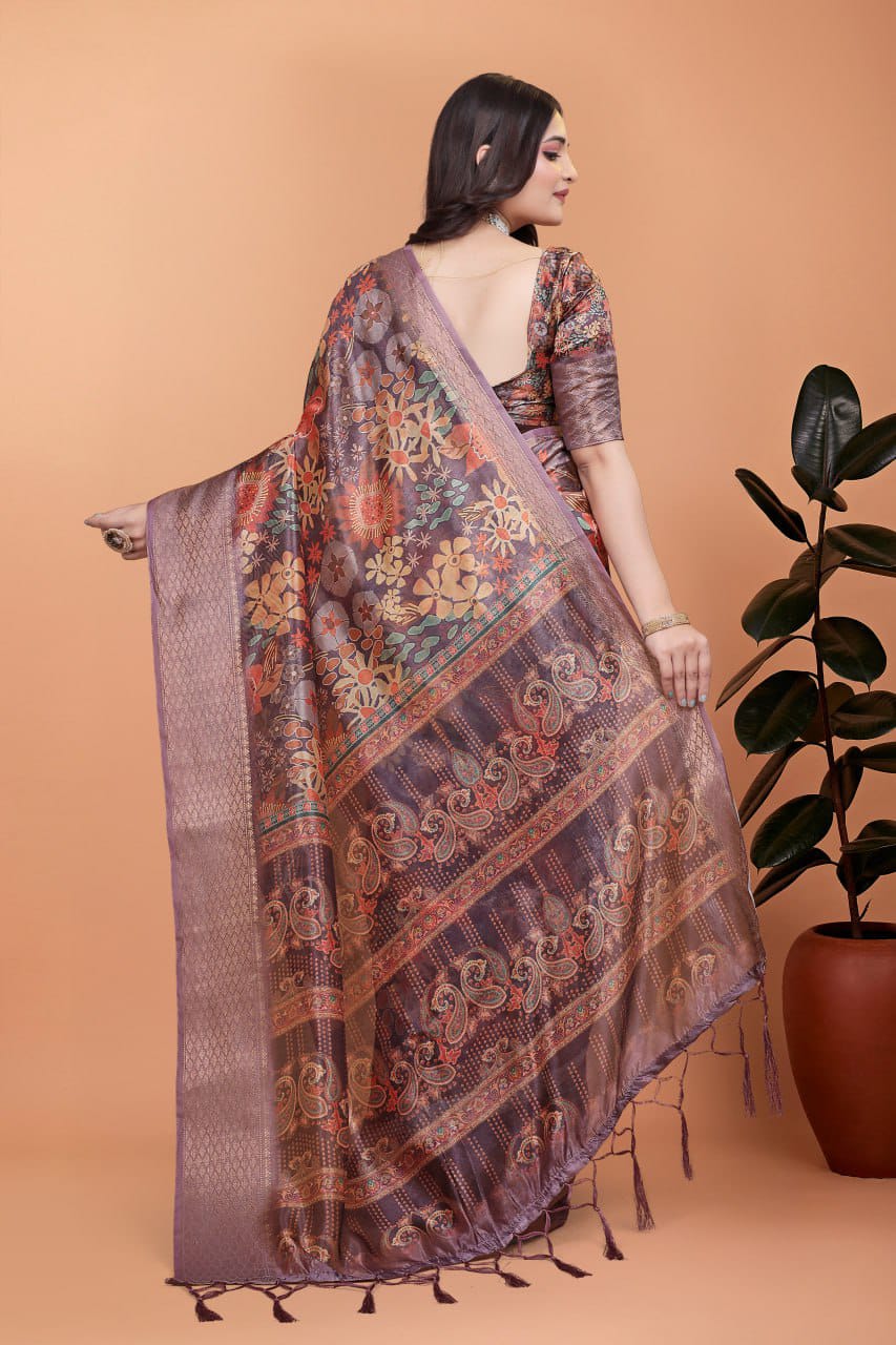 Lavender Soft Silk Saree with Copper Zari Border & Multicolor Pallu